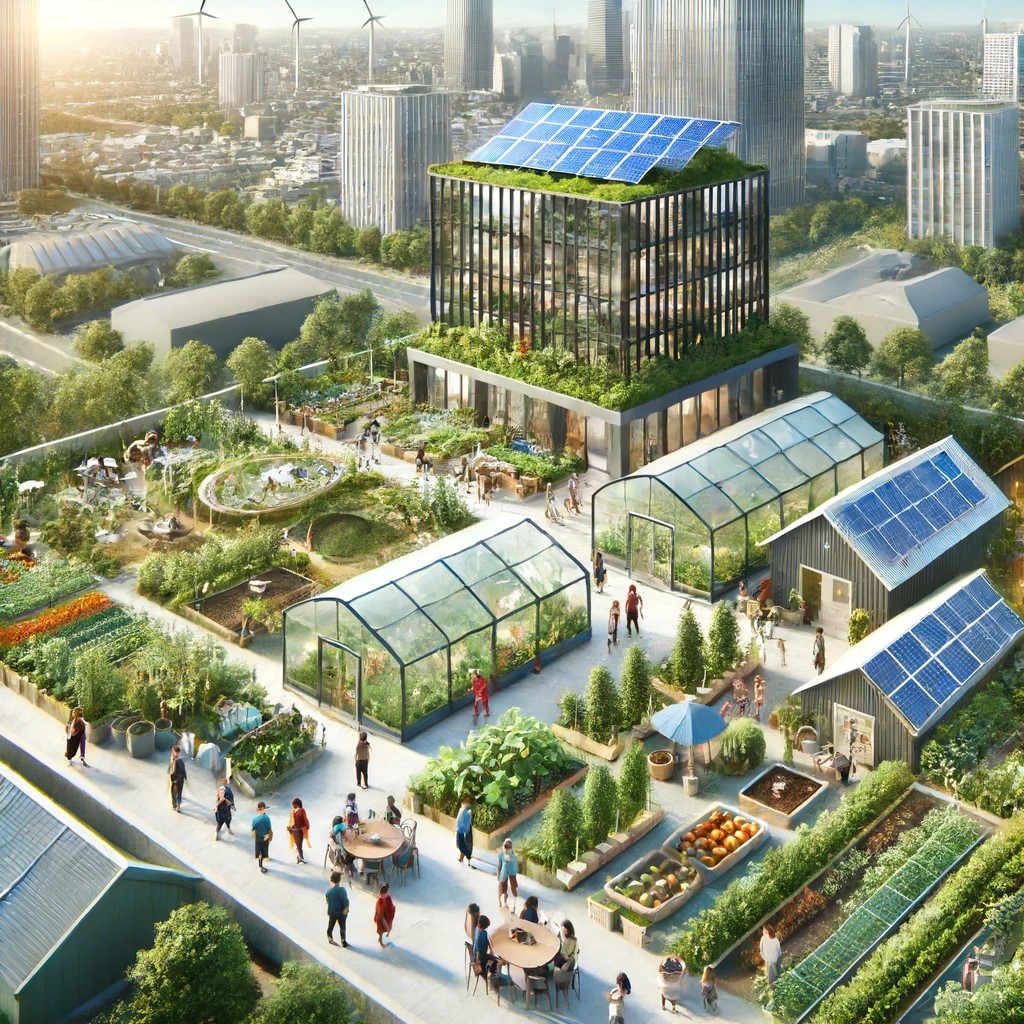 DALL·E 2024-06-17 20.50.54 - An urban rooftop garden that is part of a green building, funded by impact investors. The garden features solar panels, greenhouses, and areas for com