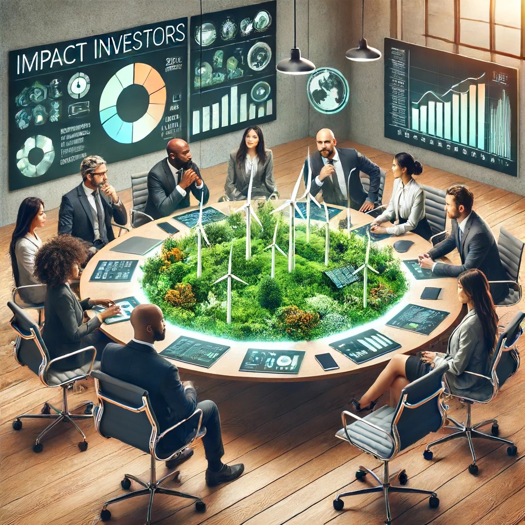 DALL·E 2024-06-17 20.50.52 - A modern conference room where a diverse group of impact investors are discussing strategies for sustainable development. The scene shows men and wome