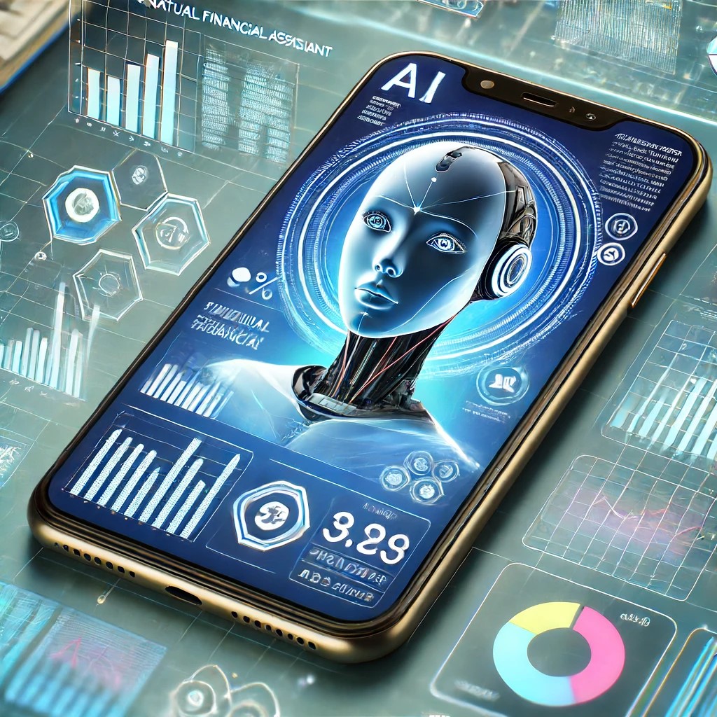 DALL·E 2024-06-14 17.02.24 - A futuristic AI-powered virtual financial assistant displayed on a smartphone screen, showing graphs and financial advice. The design should be sleek,