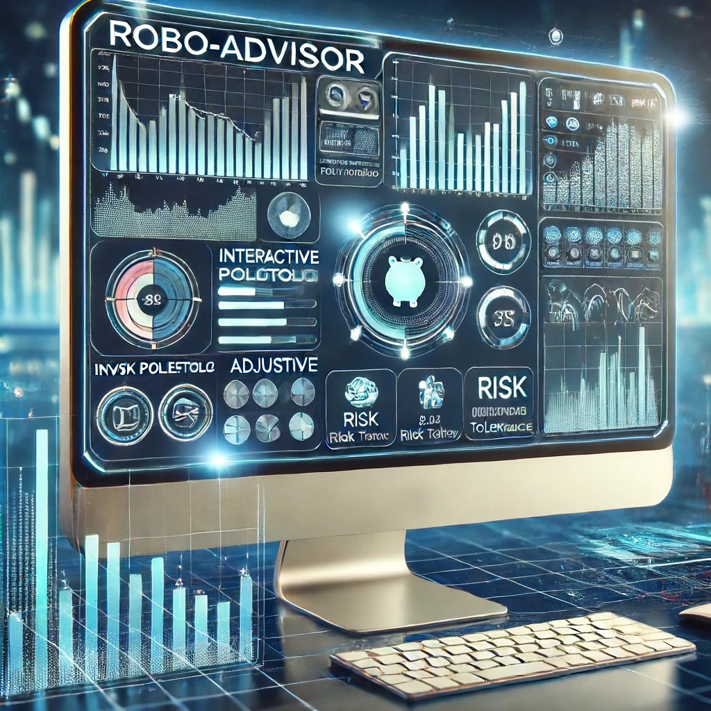 DALL·E 2024-06-14 17.02.25 - A digital representation of a robo-advisor interface on a computer screen, with interactive investment portfolio charts and dynamic elements such as s