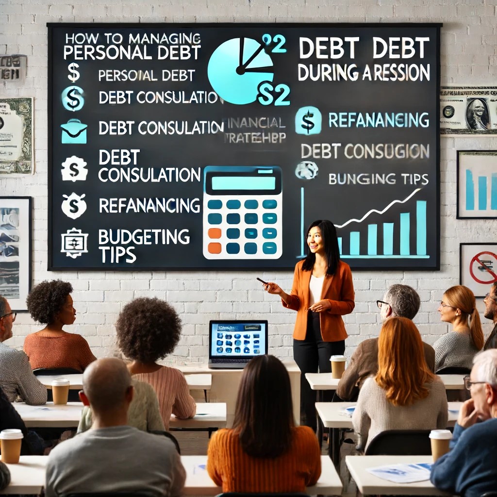 DALL·E 2024-06-17 23.57.37 - A financial workshop focusing on strategies for managing personal debt during a recession. The workshop is held in a community center with a diverse g