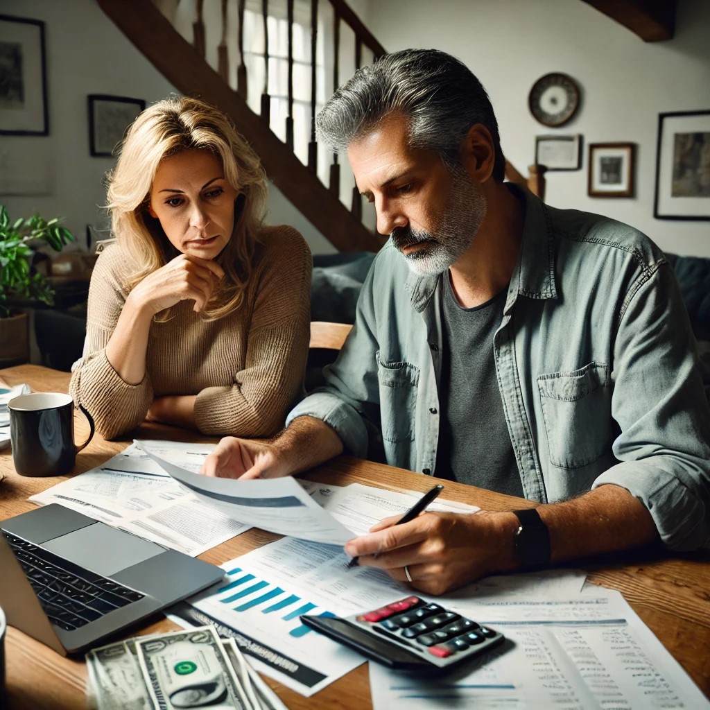 DALL·E 2024-06-17 23.57.36 - A family budget planning session during a recession, depicting a middle-aged Caucasian couple reviewing their financial documents at home. They are se