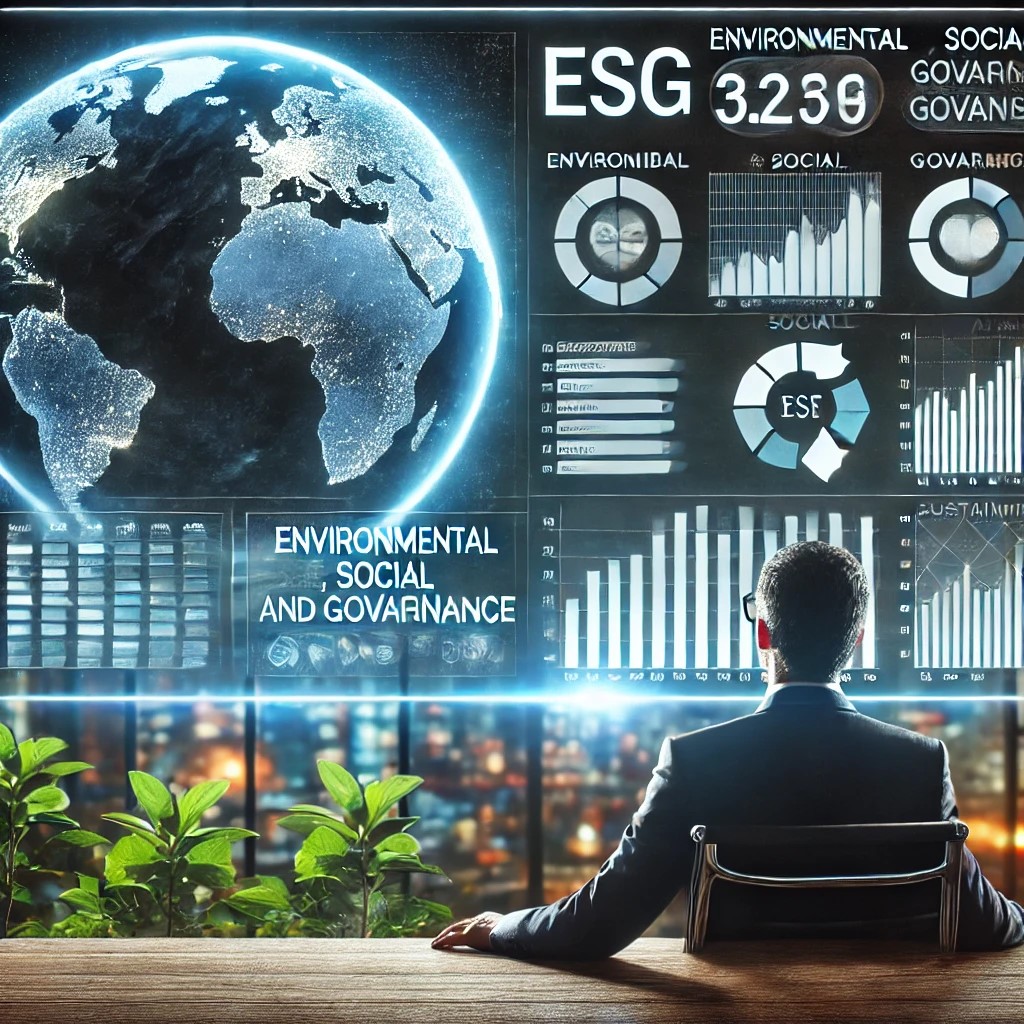 DALL·E 2024-06-19 22.25.50 - An investor looking at a digital screen displaying ESG (Environmental, Social, and Governance) metrics for various companies, with charts and graphs h