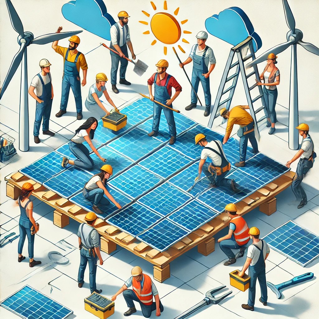 DALL·E 2024-06-19 22.25.52 - A diverse group of people working on a renewable energy project, such as installing solar panels or wind turbines, showcasing teamwork and sustainable