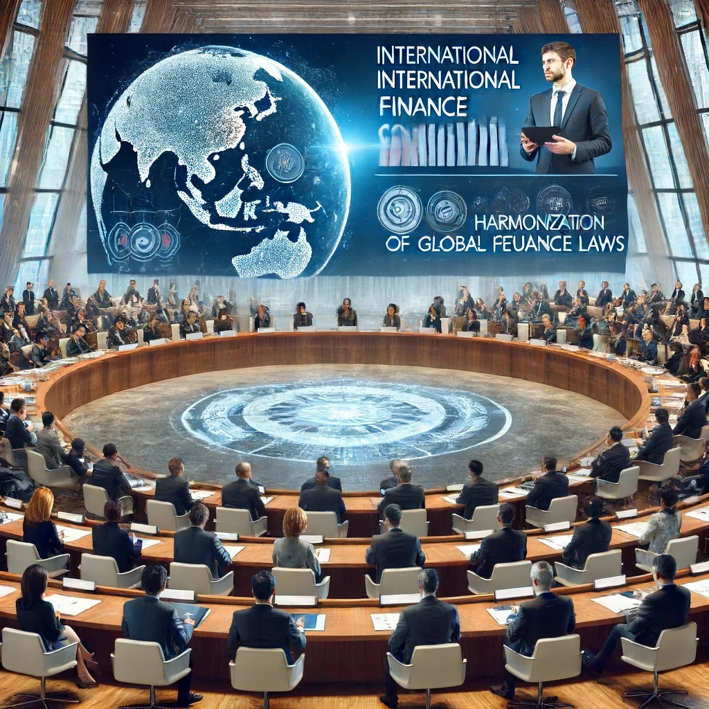 DALL·E 2024-06-16 22.03.58 - A modern international finance conference where experts discuss the harmonization of global finance laws. The scene shows a large auditorium filled wi