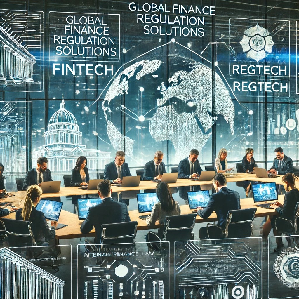 DALL·E 2024-06-16 22.03.59 - A global finance regulation workshop in a high-tech meeting room, focusing on Fintech and RegTech solutions. The setting features financial experts an