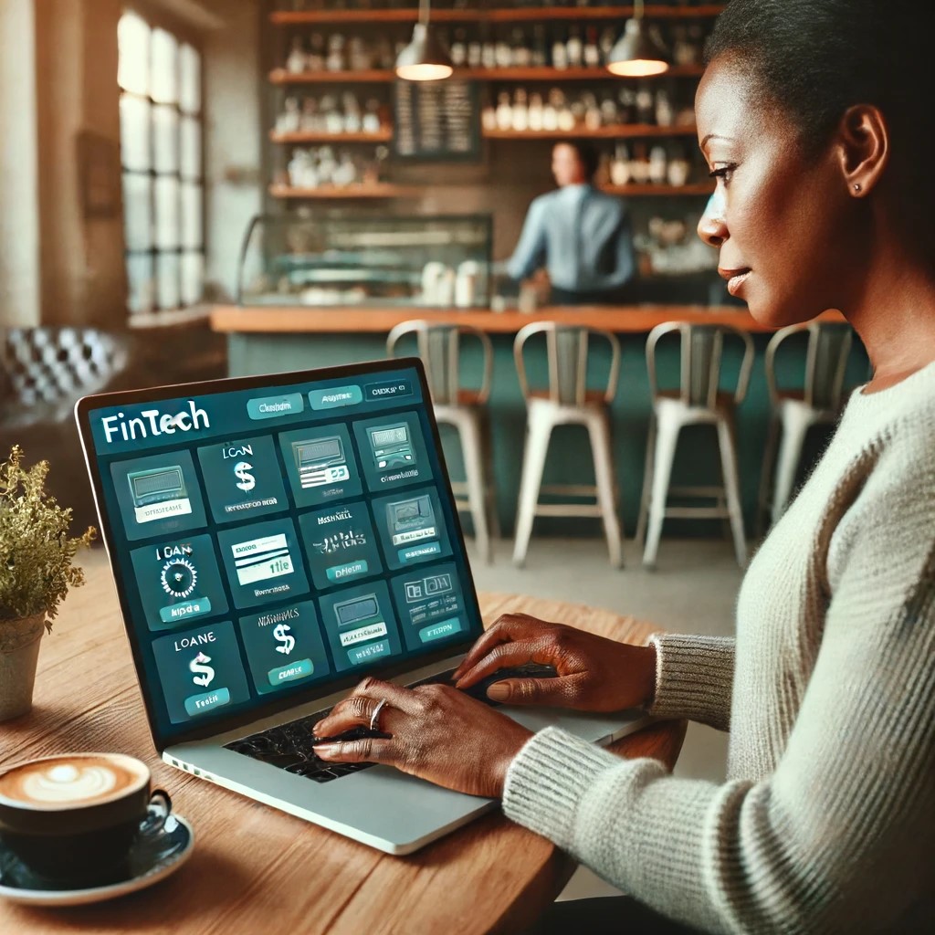 DALL·E 2024-06-16 19.11.52 - A small business owner reviewing financial options on a FinTech platform via a laptop in a cozy cafe setting. The screen displays various loan offers 