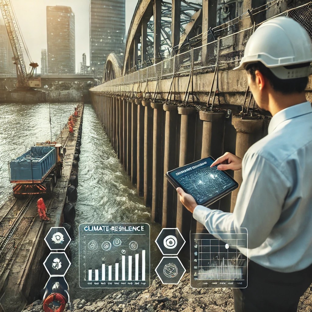 DALL·E 2024-06-20 22.55.39 - An engineer inspecting climate-resilient infrastructure. The image shows a professional, possibly a civil engineer, examining newly installed flood ba