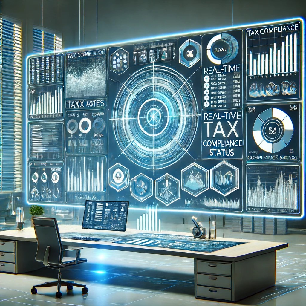 DALL·E 2024-06-15 17.56.41 - An illustration of a modern digital tax compliance dashboard used by a corporation. The dashboard displays a variety of metrics such as real-time tax 