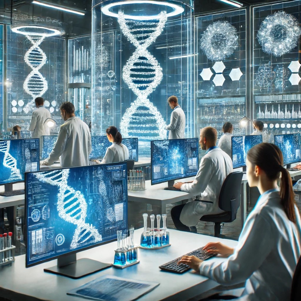 DALL·E 2024-06-16 18.50.42 - A modern laboratory where researchers are using artificial intelligence to analyze genetic data. The scene shows scientists, both men and women of div