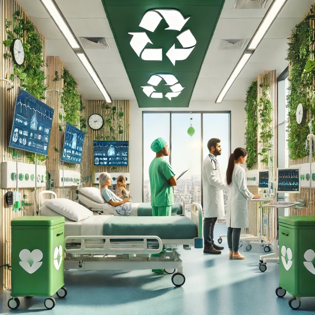 DALL·E 2024-06-16 20.49.16 - A modern hospital ward integrating green technologies and sustainable practices. The setting shows a spacious and well-lit patient room equipped with 