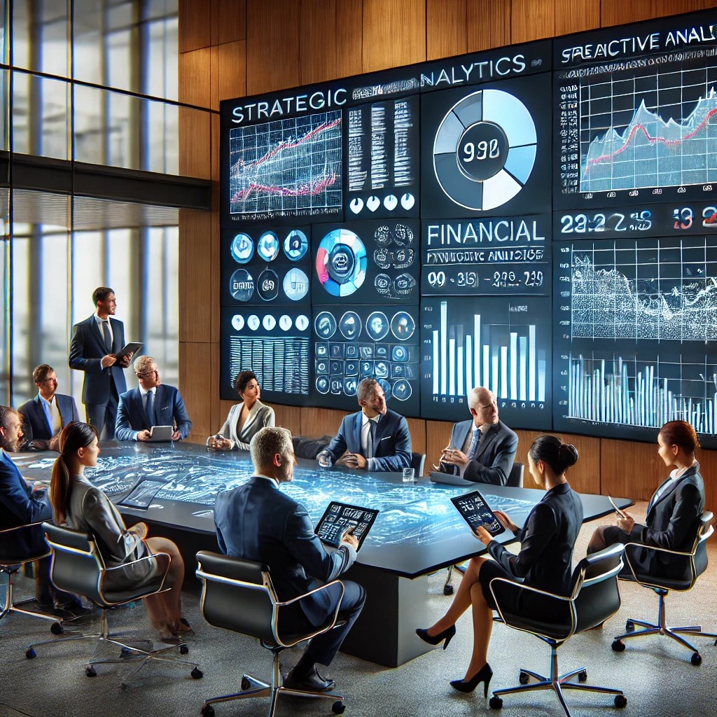 DALL·E 2024-06-16 19.01.03 - A modern corporate boardroom during a strategic planning session, where executives are reviewing financial data on a large digital display. The displa