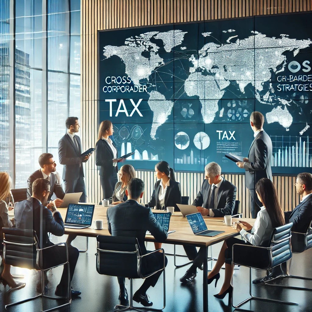 DALL·E 2024-06-20 22.11.00 - A modern corporate office scene with multinational corporation executives discussing cross-border taxation strategies. The meeting room features a lar