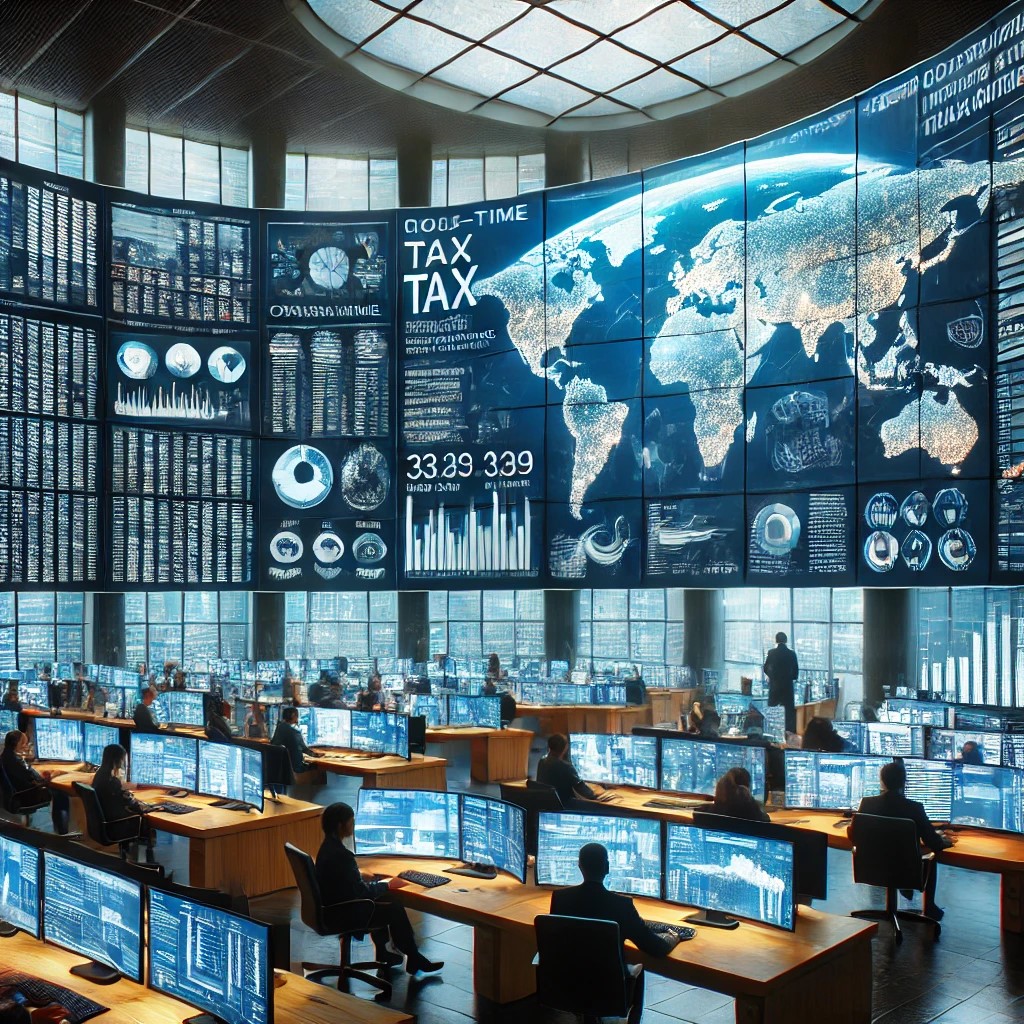 DALL·E 2024-06-20 22.11.01 - A high-tech global operations center for a multinational corporation, showcasing a wall of digital displays monitoring real-time tax regulations and c