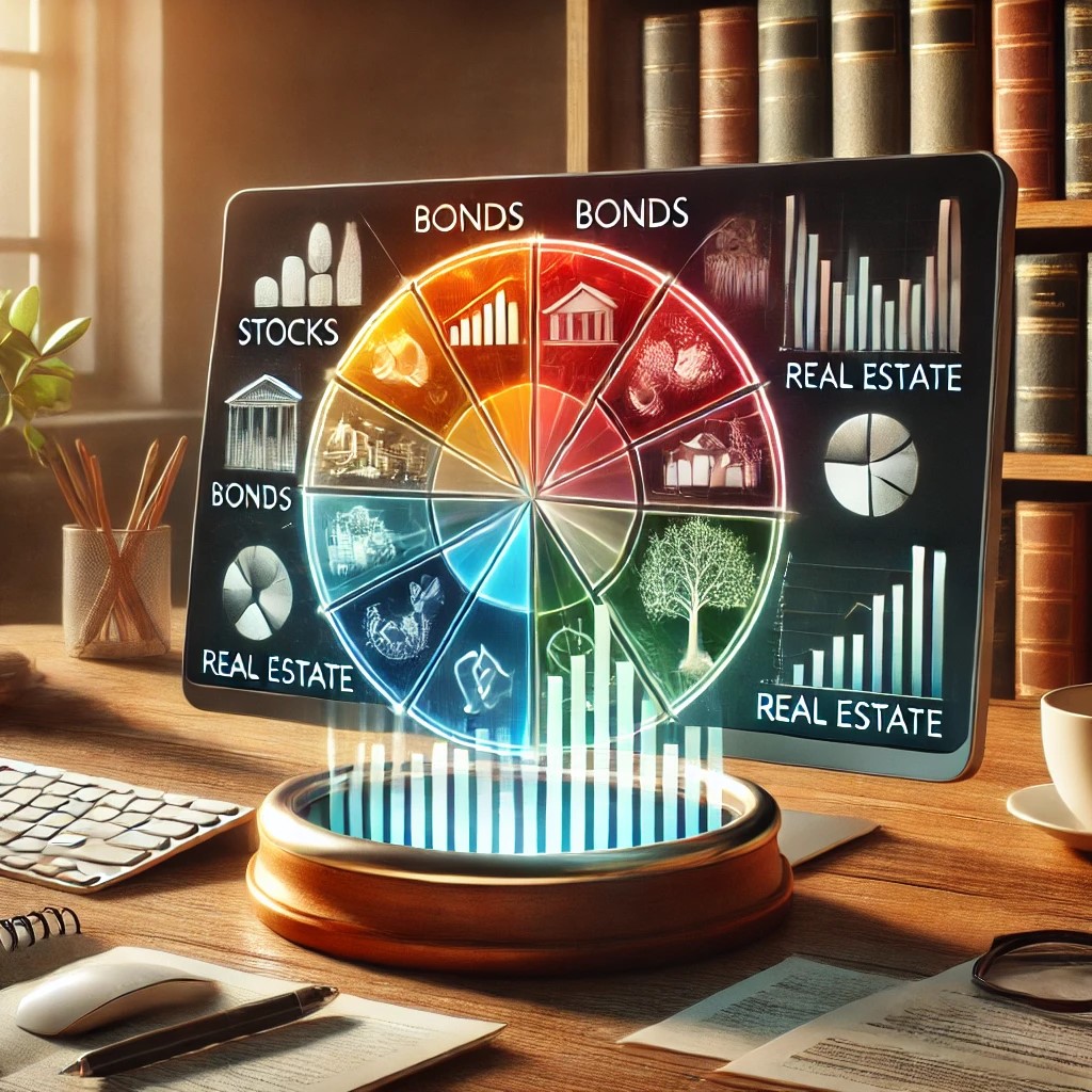 DALL·E 2024-06-20 20.55.26 - An image of a diverse investment portfolio displayed on a digital screen, featuring a colorful pie chart with segments representing different asset cl