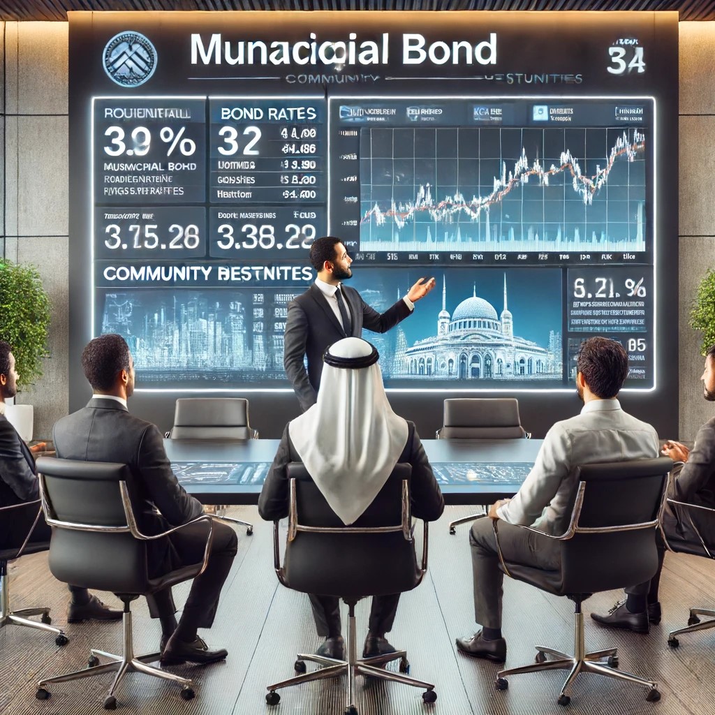 DALL·E 2024-06-17 21.07.14 - A modern financial planning office where a municipal bond advisor is explaining bond investment opportunities to a group of potential investors. The s