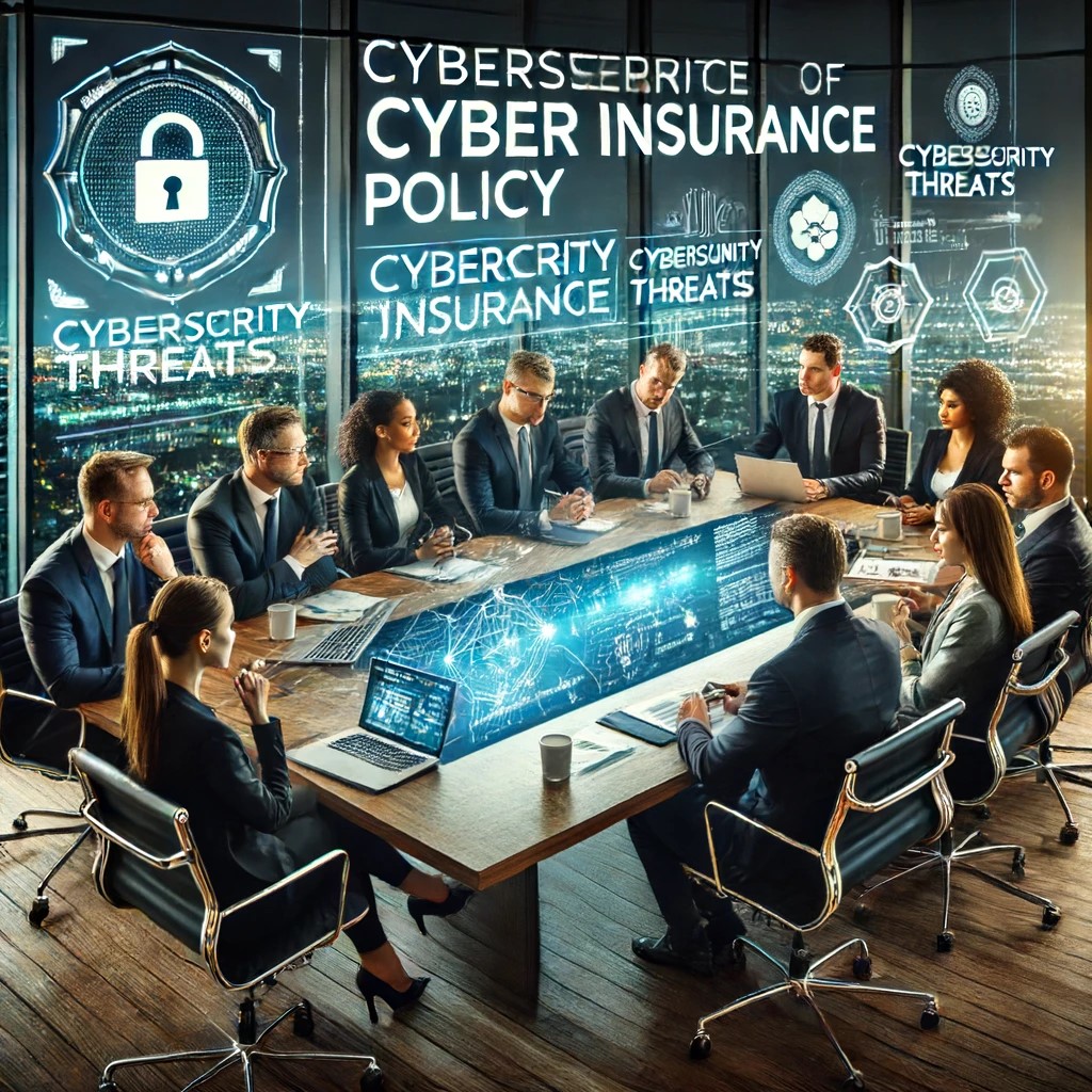 DALL·E 2024-06-15 19.01.42 - A cybersecurity insurance policy meeting, featuring a diverse team of professionals around a conference table discussing strategies. The room is equip