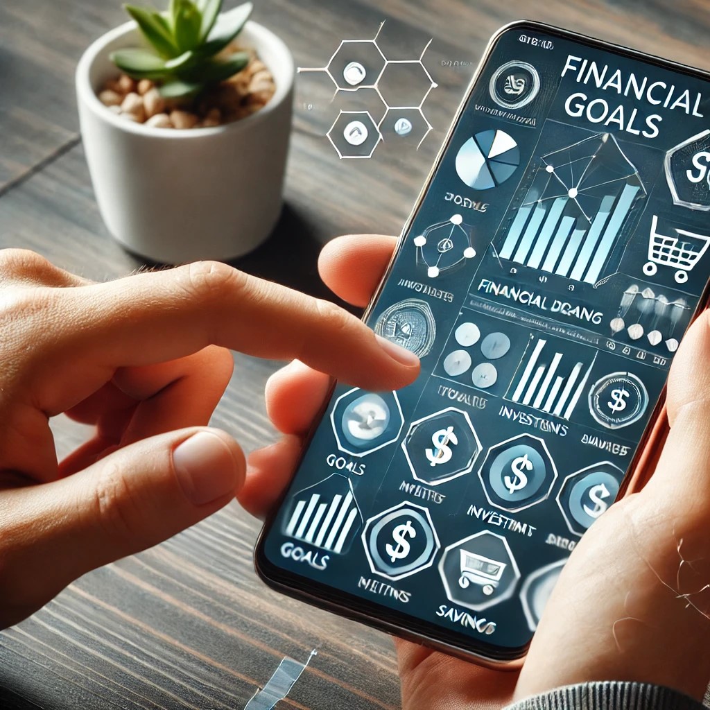 DALL·E 2024-06-19 20.47.05 - A person using a financial planning app on a smartphone, with graphs and charts displaying financial goals, investments, and savings