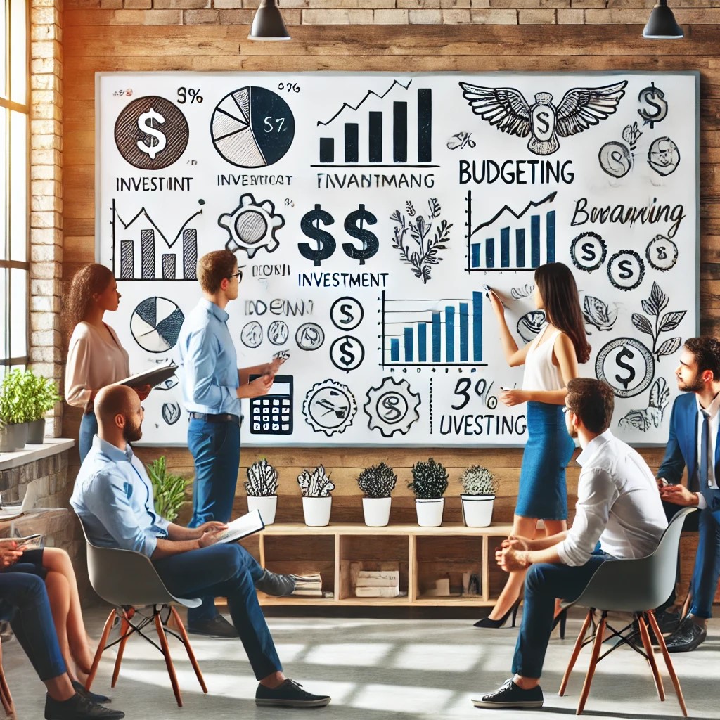 DALL·E 2024-06-19 20.47.07 - A diverse group of people in an office setting discussing financial planning strategies, with a whiteboard displaying charts and graphs related to inv