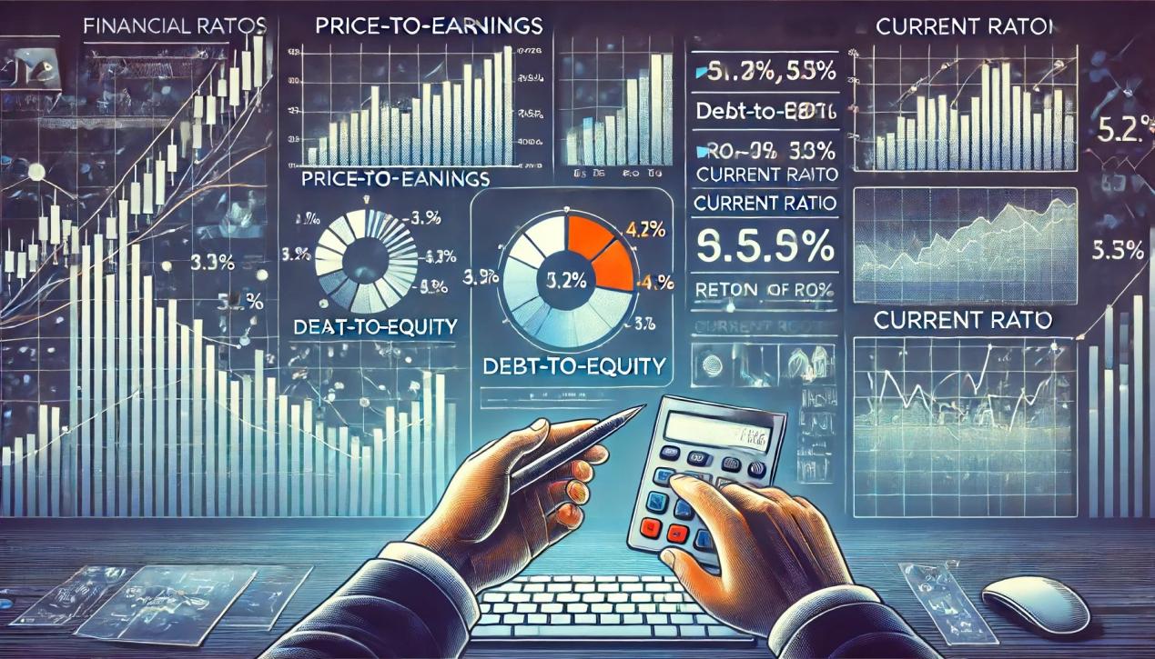 DALL·E 2024-06-18 22.11.53 - A detailed illustration showing financial ratios analysis on a computer screen, with graphs and charts displaying Price-to-Earnings (P_E) Ratio, Debt-