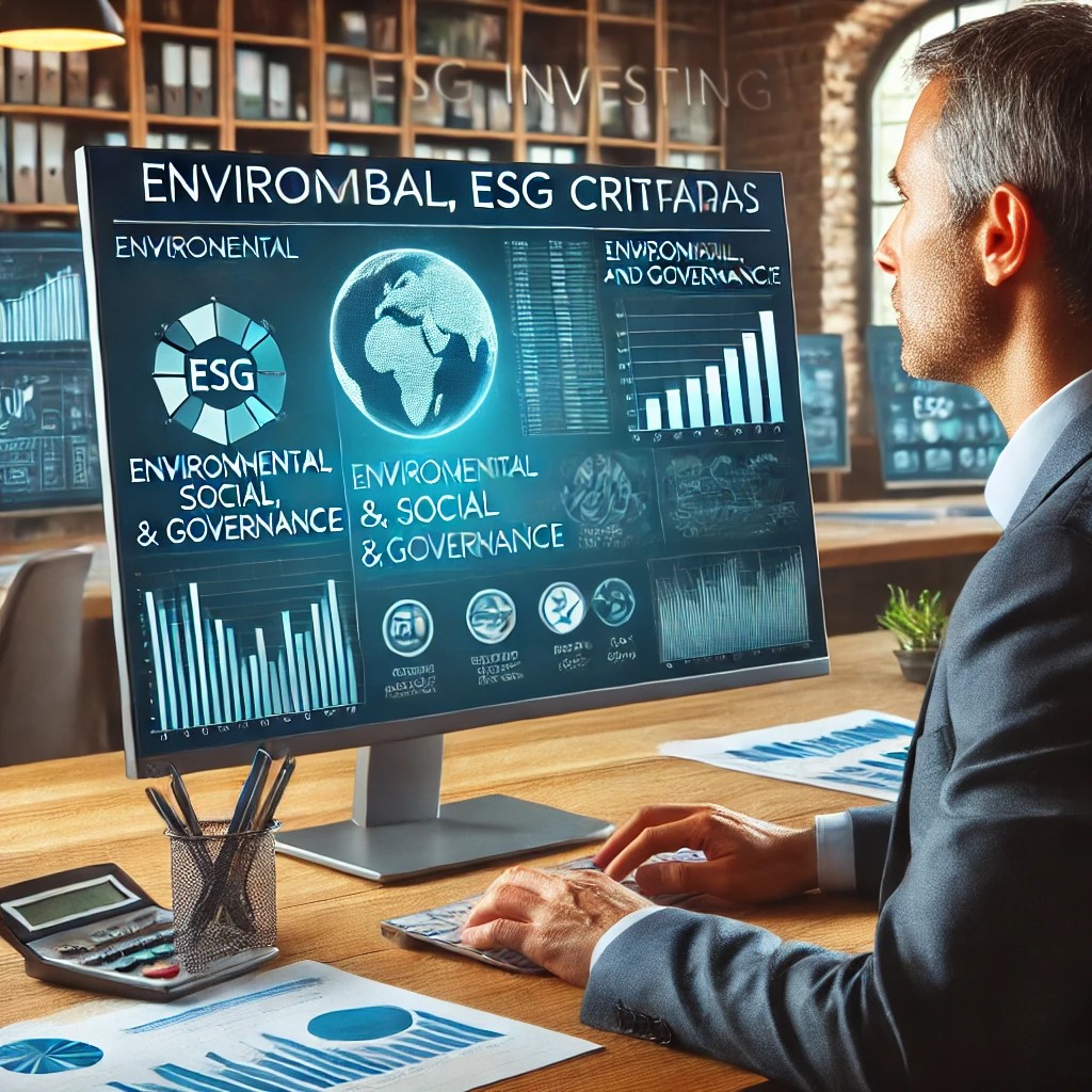 DALL·E 2024-06-20 21.02.11 - A professional financial analyst evaluating ESG criteria on a computer screen, showing detailed environmental, social, and governance data. The settin