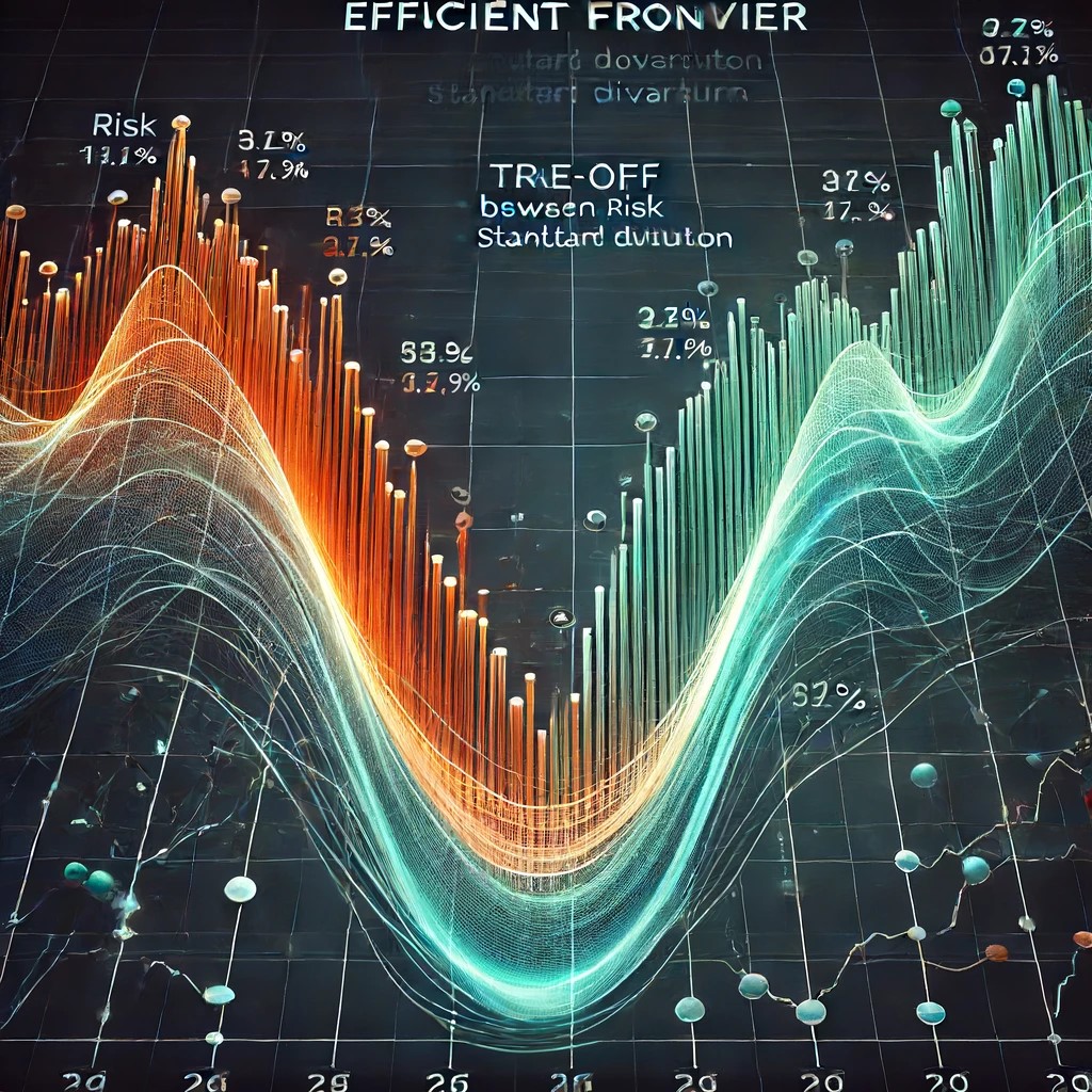 DALL·E 2024-06-17 22.06.12 - A graphical representation of the efficient frontier with multiple portfolios plotted. The graph shows the trade-off between risk (standard deviation)