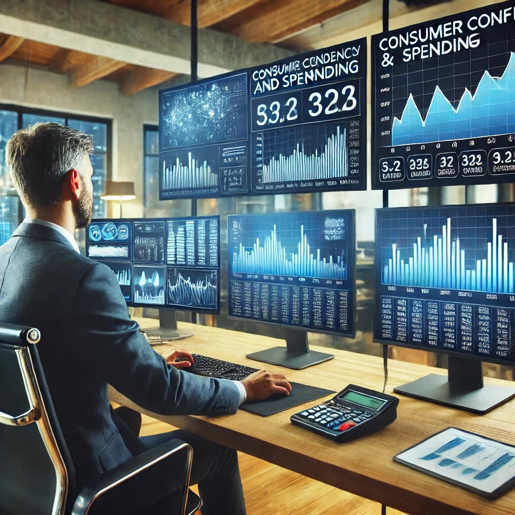 DALL·E 2024-07-09 11.00.31 - A financial analyst analyzing consumer confidence and spending data on multiple screens in a modern office. The screens display graphs and trends high