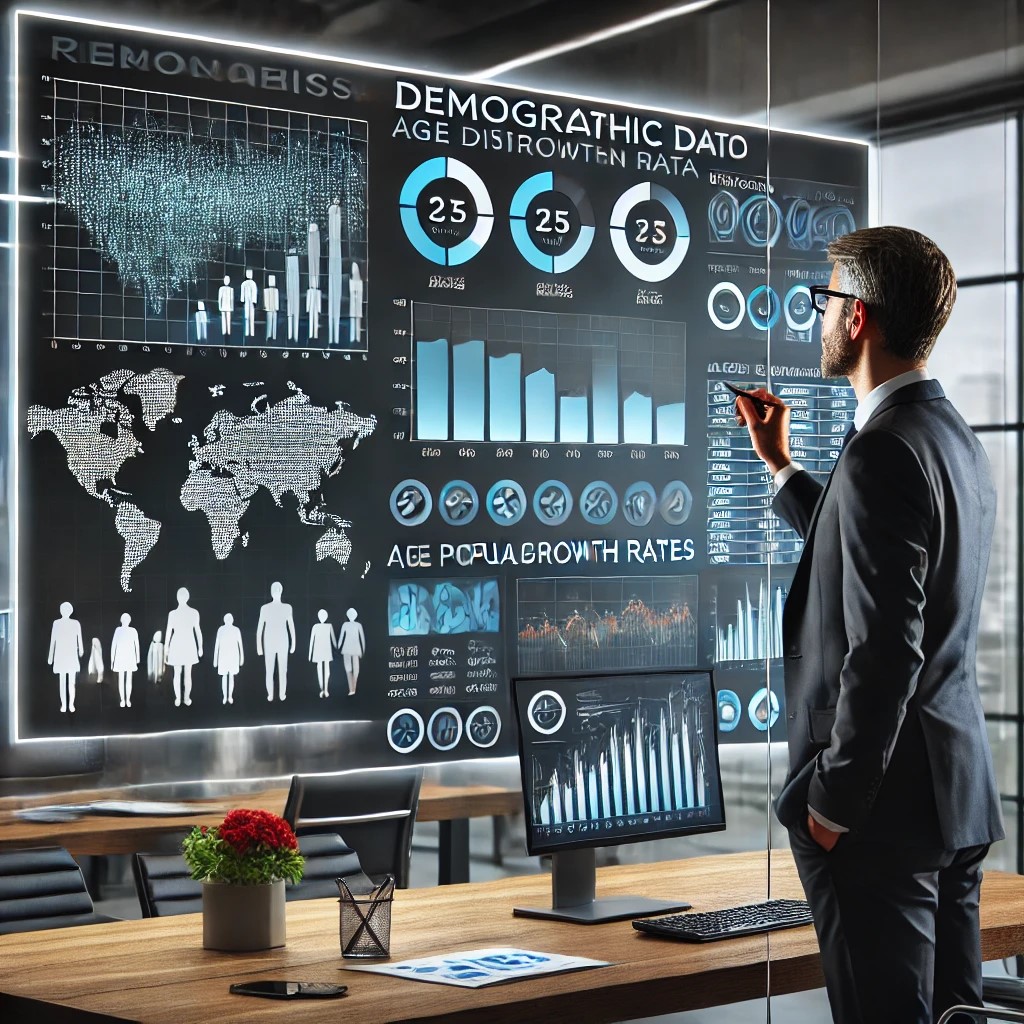 DALL·E 2024-07-09 12.37.52 - A financial analyst examining demographic data on a large digital dashboard in a modern office. The dashboard displays graphs and charts showing age d