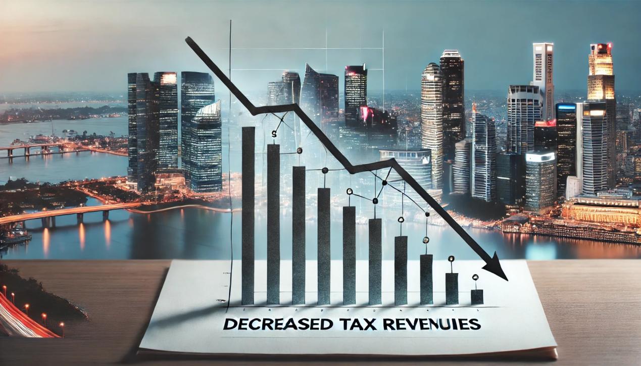 DALL·E 2024-07-06 15.59.51 - A graph showing a sharp decline in tax revenues during an economic downturn, with a cityscape in the background and a caption indicating 'Decreased Ta