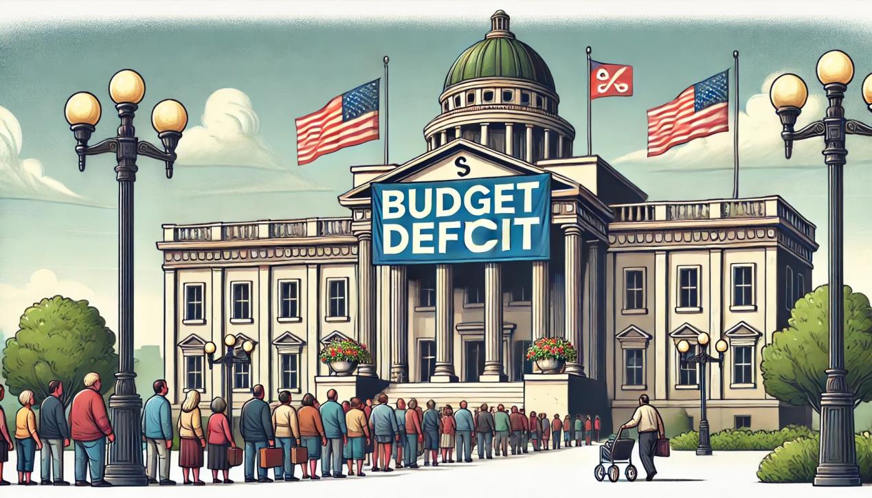 DALL·E 2024-07-06 15.59.52 - An illustration of a government building with a large 'Budget Deficit' banner. In the foreground, a line of citizens seeking financial aid and relief 