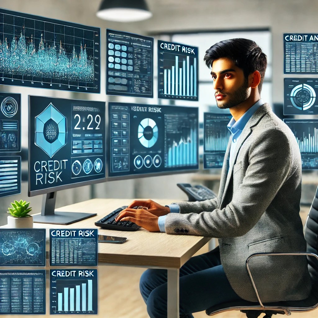 DALL·E 2024-07-03 17.45.45 - An image of a financial analyst using advanced data analytics to assess credit risk in a fintech company. The analyst, a young South Asian man, is sea